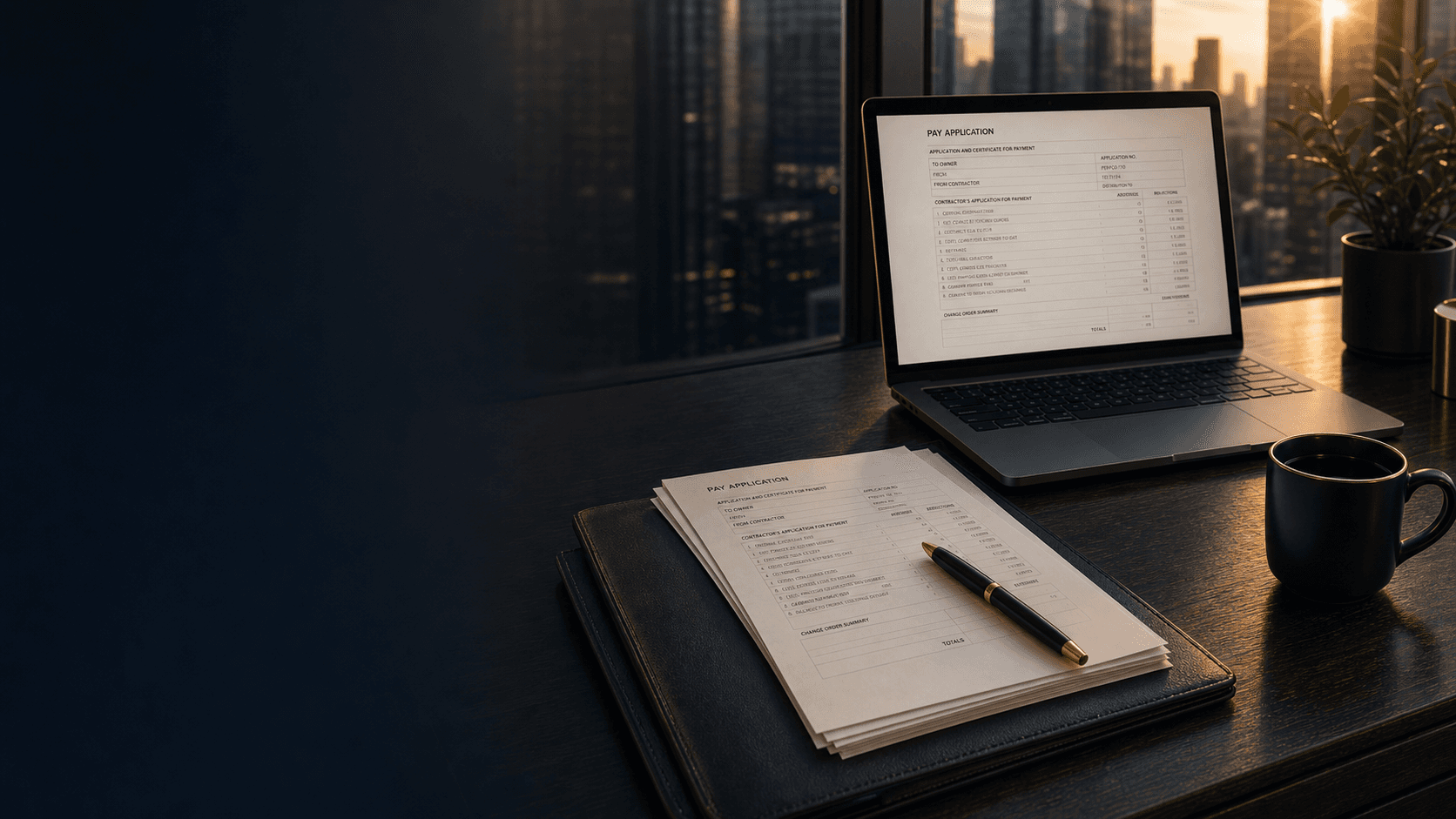 Pay applications, laptop, and review materials in a high-rise office